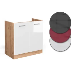 Vicco Meuble bas sous-évier Blanc Haute brillance 80cm PT Marbre