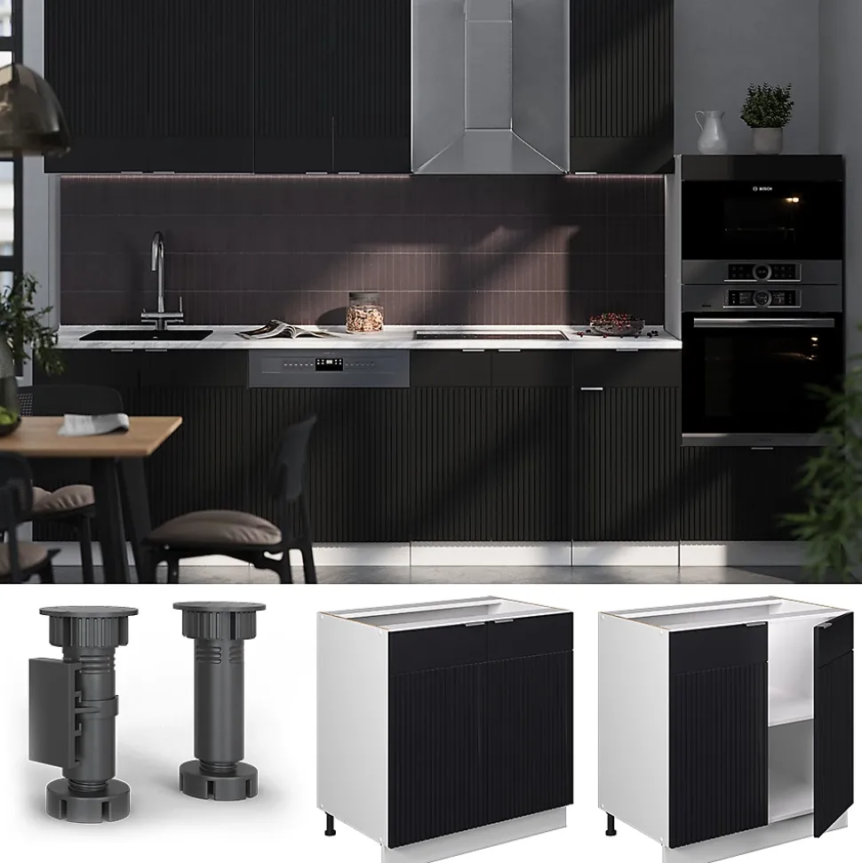 Vicco Meuble bas sous-évier Noir rayé 80cm avec étagère, PT Chêne