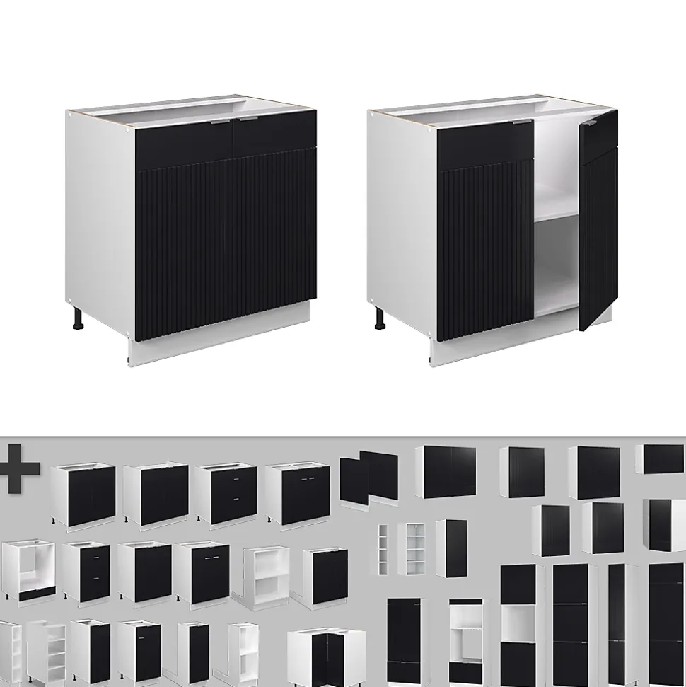 Vicco Meuble bas sous-évier Noir rayé 80cm avec étagère, PT Chêne