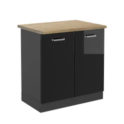 Vicco Meuble bas sous-évier Noir Haute brillance 80cm , PT Chêne