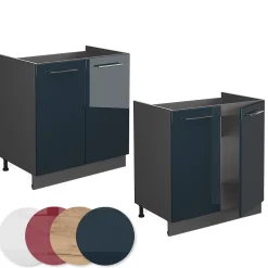 Vicco Meuble bas sous-évier Bleu foncé brillant 80cm , PT Chêne