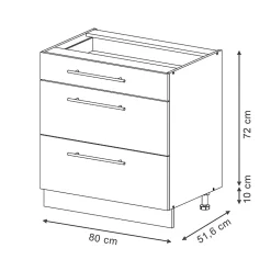 Vicco Meuble cuisine Anthracite Haute brillance 80cm avec 3 tiroirs, sans PT