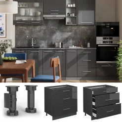 Vicco Meuble cuisine Anthracite Haute brillance 80cm avec 3 tiroirs, sans PT