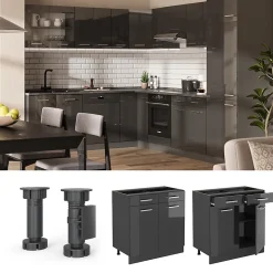 Vicco Meuble cuisine Anthracite Haute brillance 80cm , PT Chêne