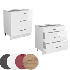 Vicco Meuble cuisine Blanc Haute brillance 80cm avec 3 tiroirs, sans PT