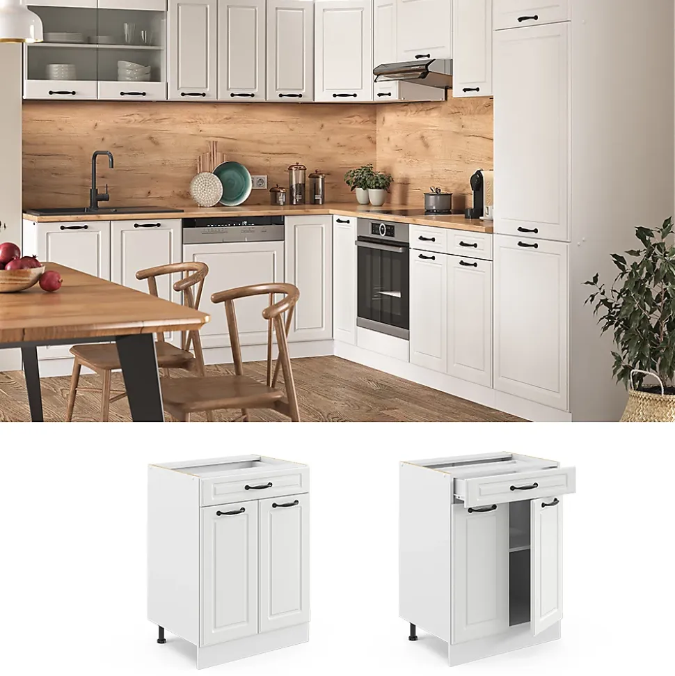 Vicco Meuble cuisine Blanc campagne 60cm avec tiroir, sans PT