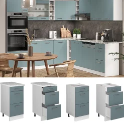 Vicco Meuble cuisine Bleu-gris 40cm avec tiroirs, PT Chêne