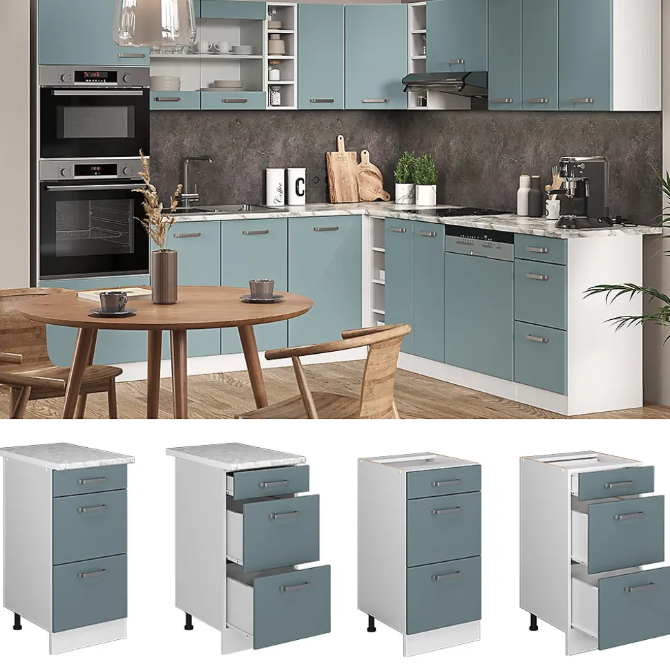 Vicco Meuble cuisine Bleu-gris 40cm avec tiroirs, PT Chêne