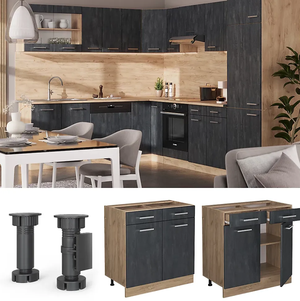 Vicco Meuble cuisine Béton noir 80cm sans PT