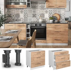 Vicco Meuble cuisine Chêne de force doré 80cm avec 3 tiroirs, sans PT