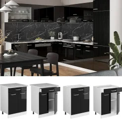 Vicco Meuble cuisine Noir Haute brillance 60cm avec tiroir, sans PT