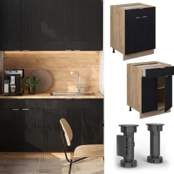 Vicco Meuble cuisine Noir rayé 60cm avec tiroir, sans PT