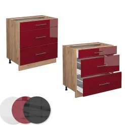 Vicco Meuble cuisine Rouge bordeaux Haute brillance 80cm avec 3 tiroirs, PT Chêne