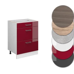 Vicco Meuble cuisine Rouge brillant 60cm avec tiroirs, sans PT