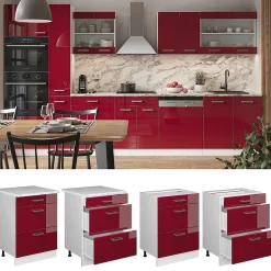 Vicco Meuble cuisine Rouge brillant 60cm avec tiroirs, sans PT