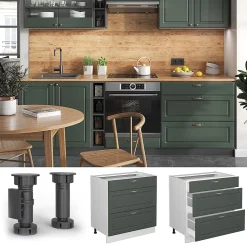 Vicco Meuble cuisine Vert Or Campagne 80cm avec 3 tiroirs, sans PT