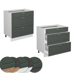 Vicco Meuble cuisine Vert Or Campagne 80cm avec 3 tiroirs, PT Chêne