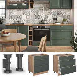 Vicco Meuble cuisine Vert Or Campagne 80cm avec 3 tiroirs, sans PT