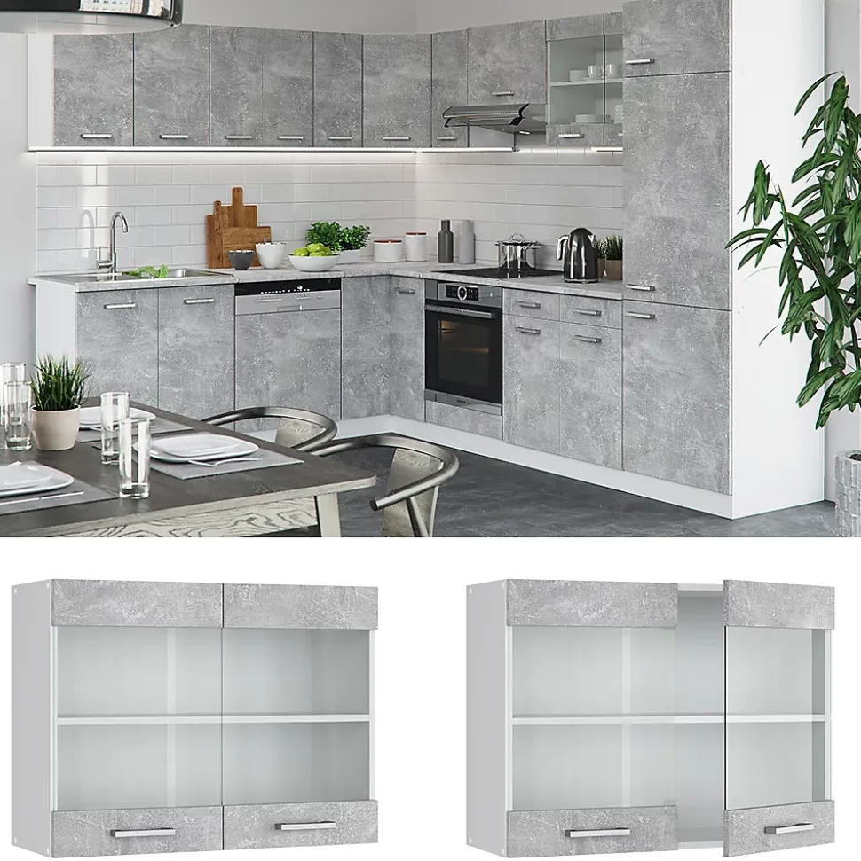 Vicco Meuble de cuisine haut vitré Béton 80cm