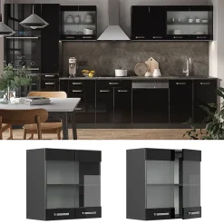 Vicco Meuble de cuisine haut vitré Noir Haute brillance 60cm