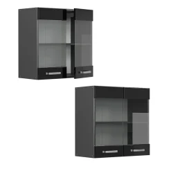 Vicco Meuble de cuisine haut vitré Noir Haute brillance 60cm