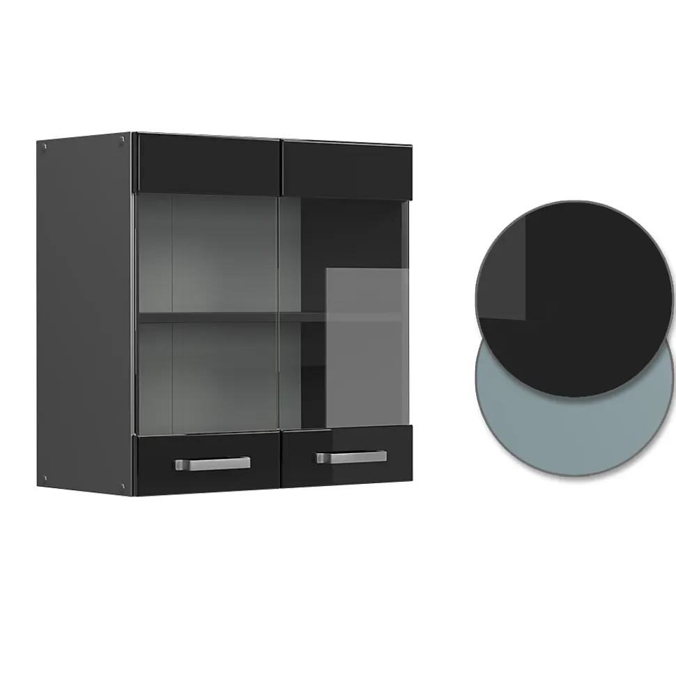 Vicco Meuble de cuisine haut vitré Noir Haute brillance 60cm