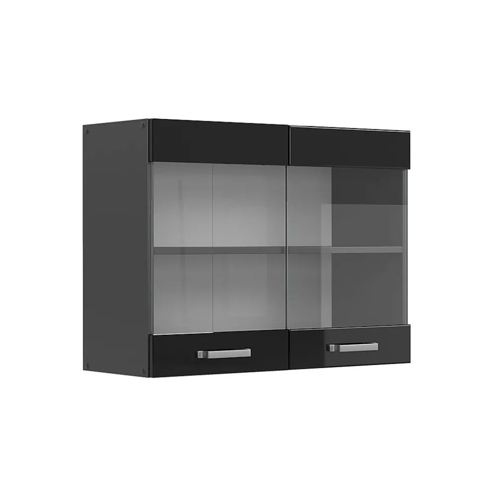 Vicco Meuble de cuisine haut vitré Noir Haute brillance 80cm