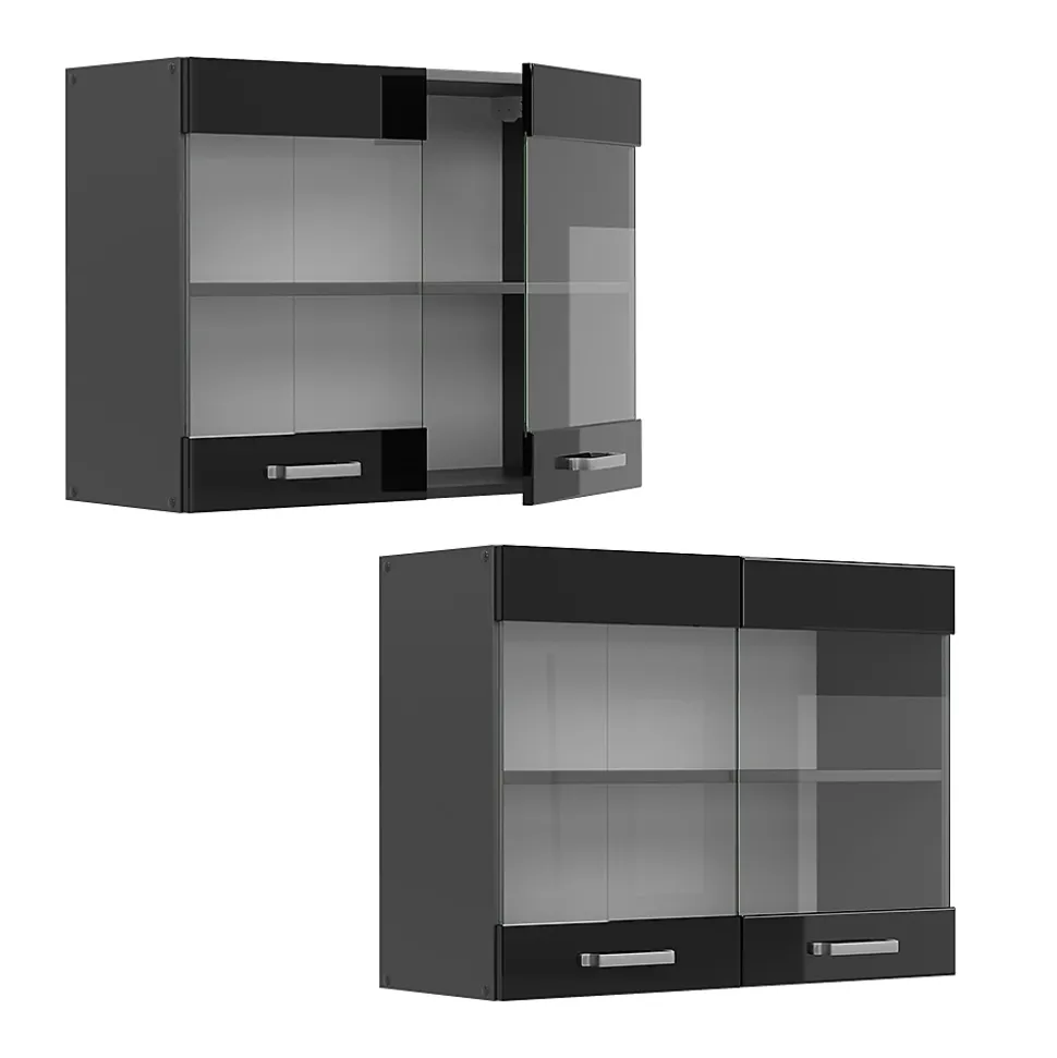 Vicco Meuble de cuisine haut vitré Noir Haute brillance 80cm