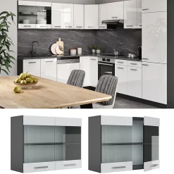 Vicco Meuble de cuisine haut vitré Blanc Haute brillance 80cm