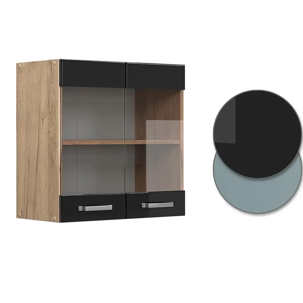 Vicco Meuble de cuisine haut vitré Noir Haute brillance 60cm