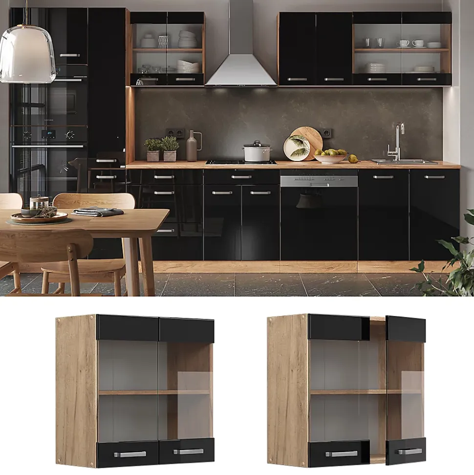 Vicco Meuble de cuisine haut vitré Noir Haute brillance 60cm