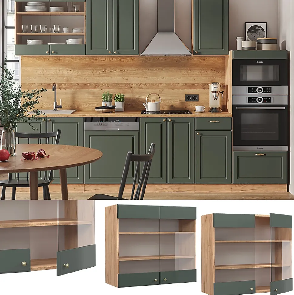 Vicco Meuble de cuisine haut vitré Vert Or Campagne 80cm