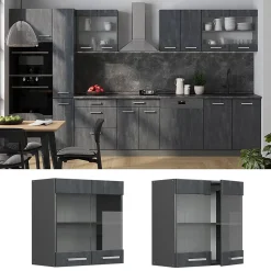 Vicco Meuble de cuisine haut vitré Béton noir 60cm