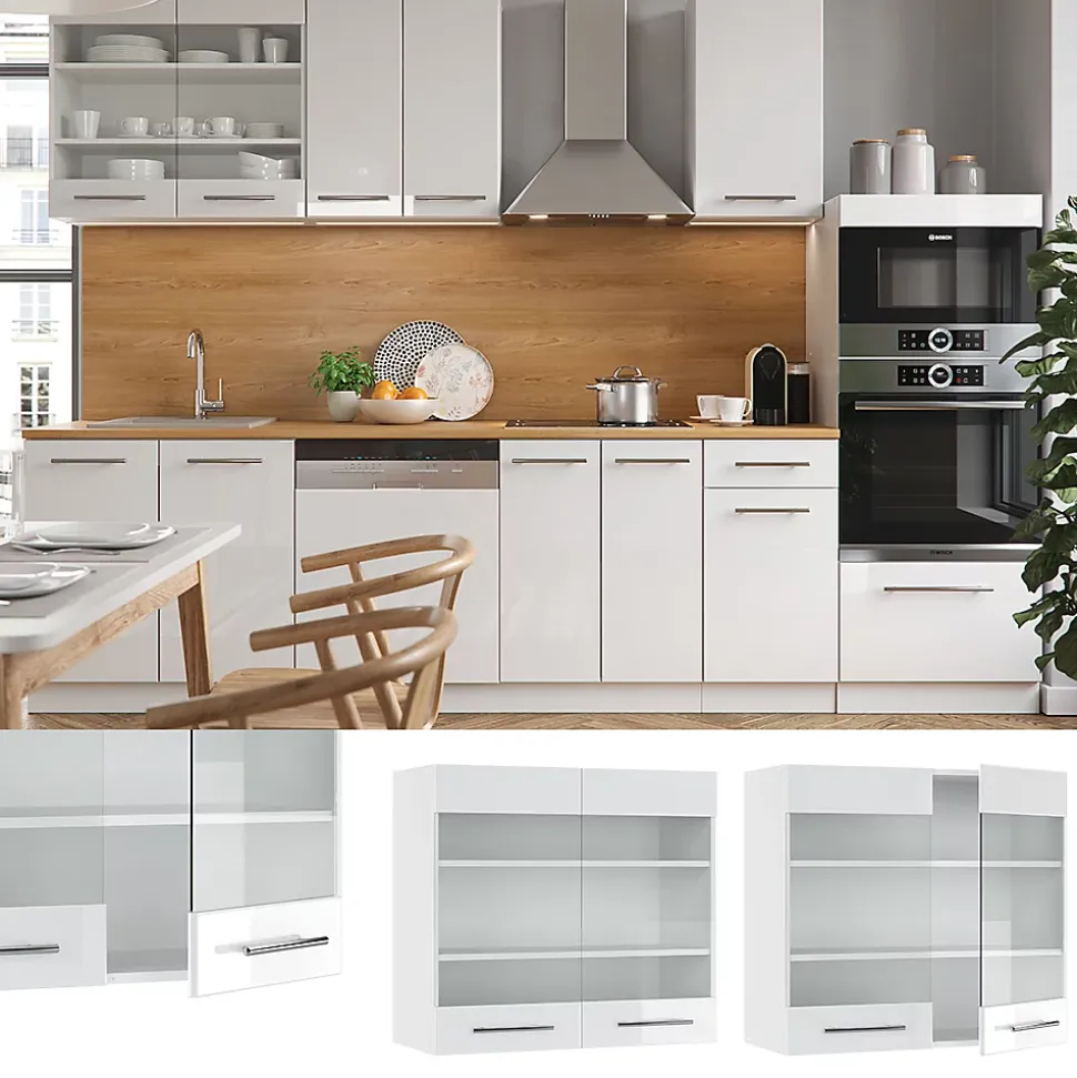Vicco Meuble de cuisine haut vitré Blanc Haute brillance 80cm