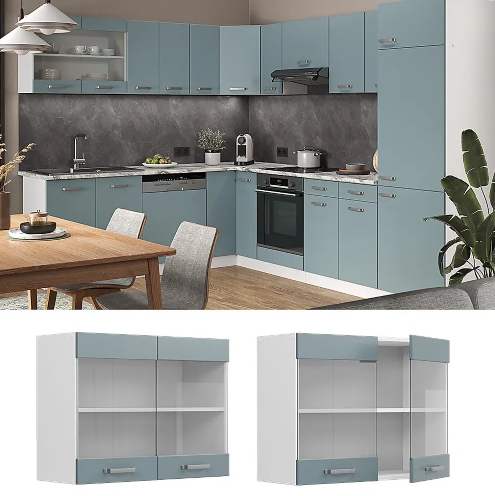 Vicco Meuble de cuisine haut vitré Bleu-gris 80cm