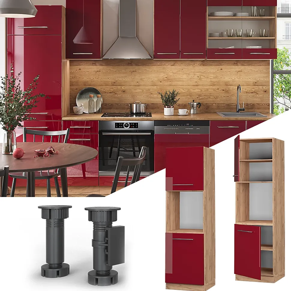 Vicco Meuble pour four Rouge bordeaux Haute brillance 60cm ouvert