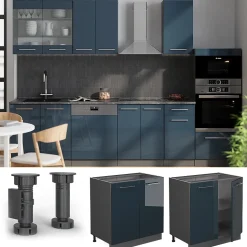 Vicco Meuble sous évier Bleu foncé brillant 80cm avec étagère, sans PT