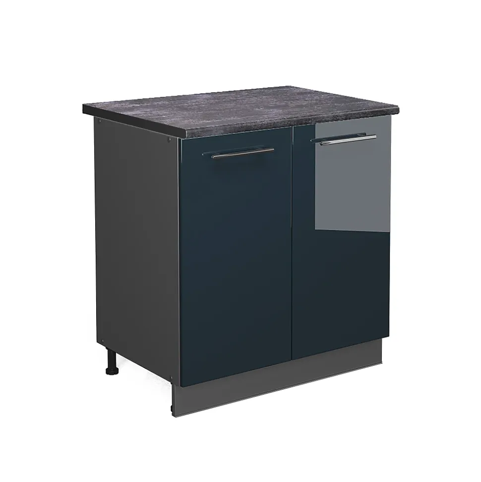 Vicco Meuble sous évier Bleu foncé brillant 80cm avec étagère, PT Anthracite