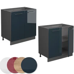 Vicco Meuble sous évier Bleu foncé brillant 80cm avec étagère, PT Marbre