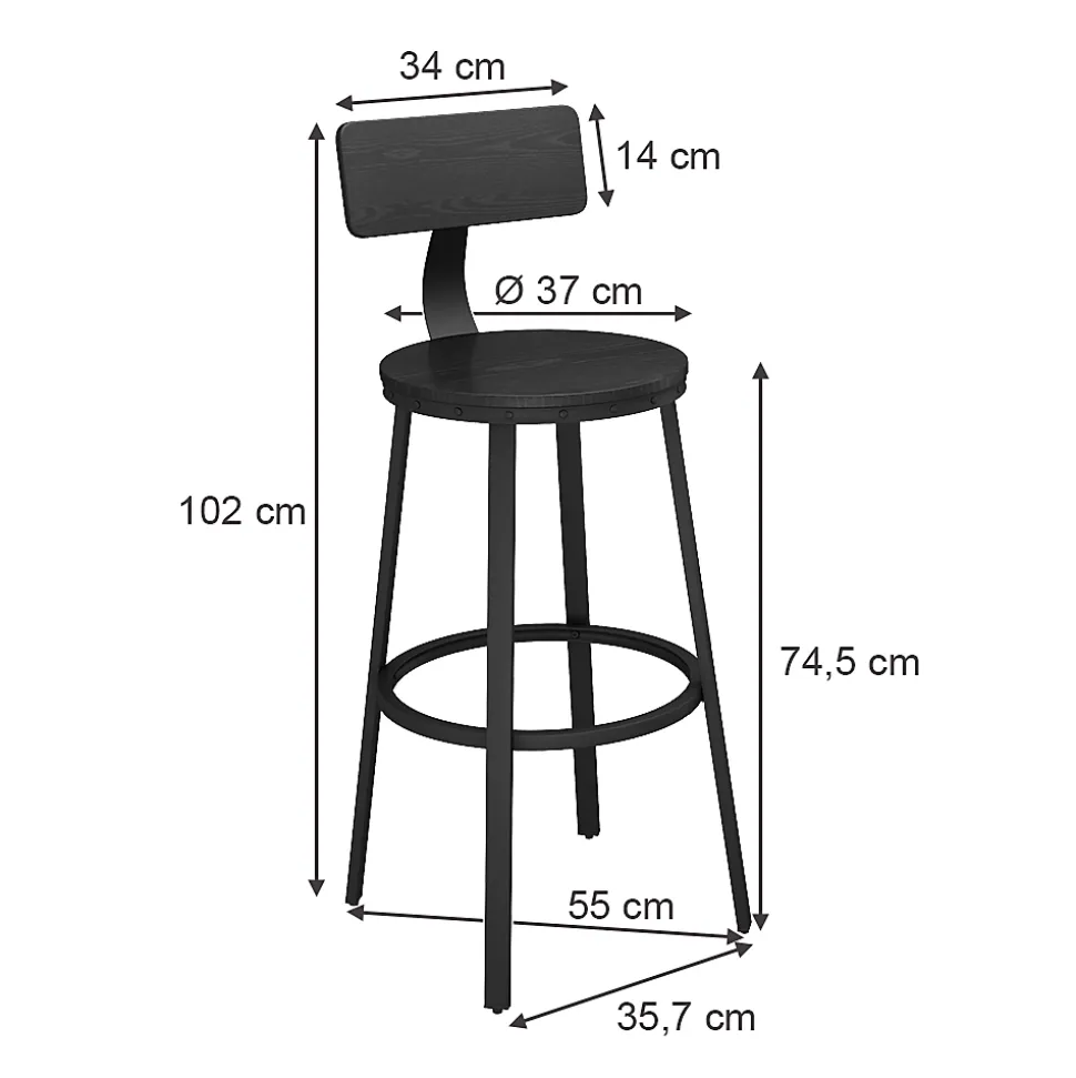 Vicco Tabouret de bar Noir 34x102cm 2 pièces