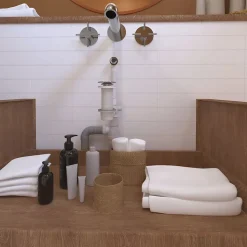 Vidage de lavabo universel avec tubulure extra-plate, siphon déporté, prises Valentin