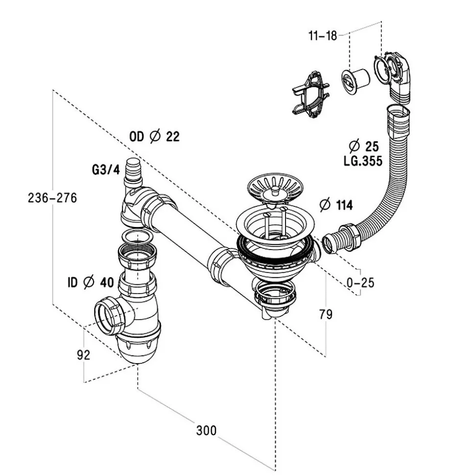 Vidage manuel 1 bac CUIPD123 pour évier céramique CISTERNA et FELIX - Siphon gain de place
