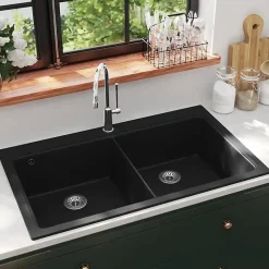 vidaXL évier de Cuisine Encastrable à 2 Bacs en Granite Noir Lave-main Lavabo 141675