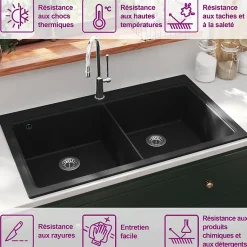 vidaXL évier de Cuisine Encastrable à 2 Bacs en Granite Noir Lave-main Lavabo 141675