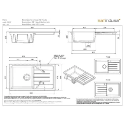Évier 1 bac 1 égouttoir à droite non réversible à encastrer par dessus 85,7x50cm H 21,5cm grès SANINDUSA Reno XS blanc avec vidage