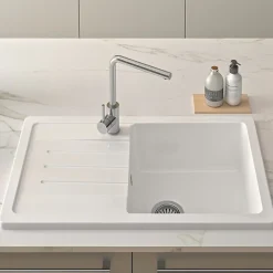 Évier 1 bac 1 égouttoir à gauche non réversible à encastrer par dessus 85,7x50cm H 21,5cm grès SANINDUSA Reno XS blanc avec vidage