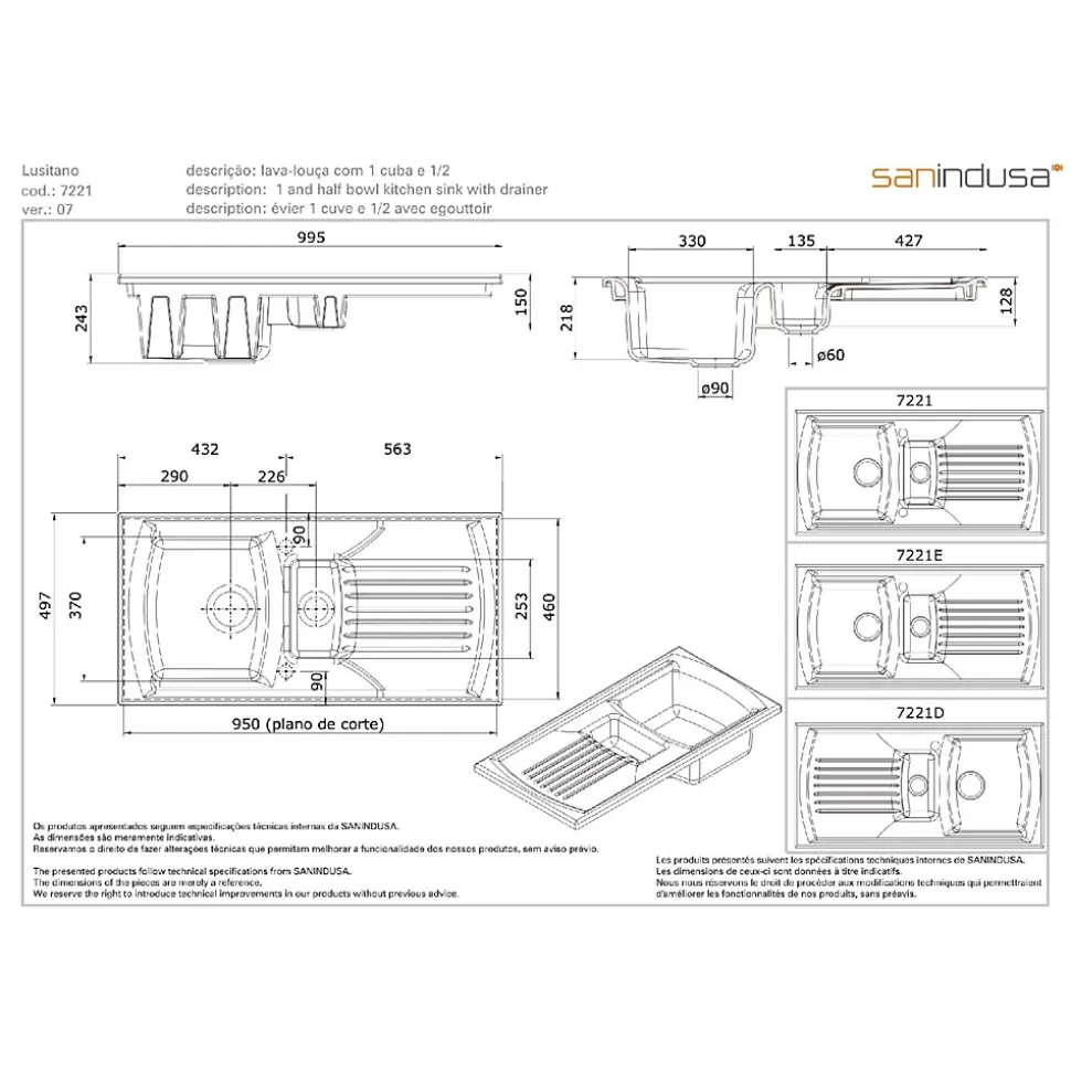 Évier 2 bacs 1 égouttoir à encastrer par dessus 99,5x49,7cm hauteur 23,5cm céramique SANINDUSA Lusitano blanc