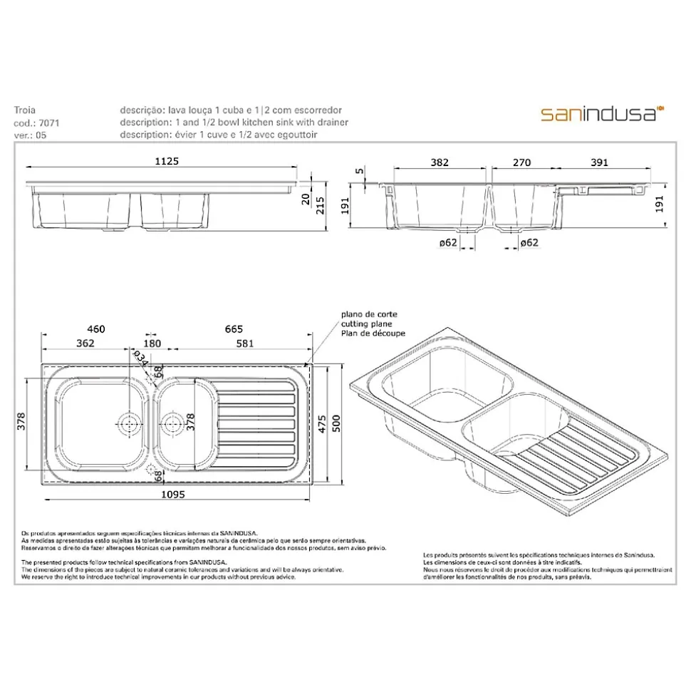 Évier 2 bacs 1 égouttoir à encastrer par dessus céramique SANINDUSA TROIA 112,5x50 hauteur 21,5cm avec trop-plein granit bleu