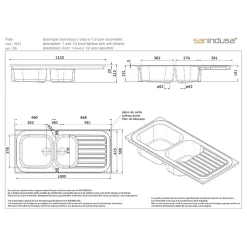 Évier 2 bacs 1 égouttoir à encastrer par dessus céramique SANINDUSA TROIA 112,5x50 hauteur 21,5cm avec trop-plein granit beige