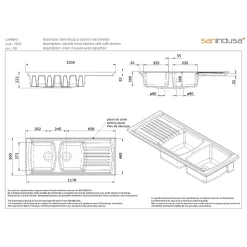 Évier 2 bacs 1 égouttoir à encastrer par dessus 120,5x50cm hauteur 22,2cm céramique SANINDUSA Lusitano blanc